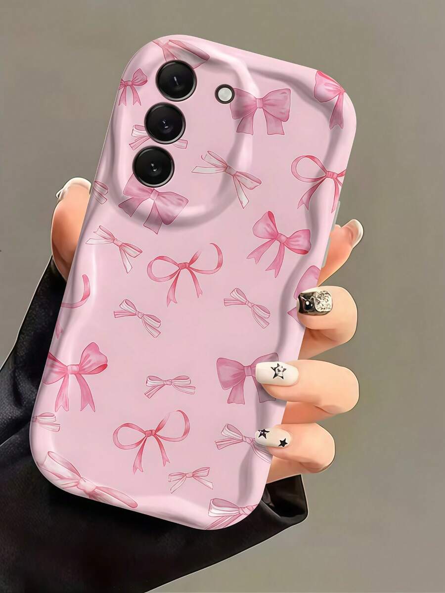 1 buah Casing Ponsel Bertekstur Gelombang Lembut Gaya Minimalis, Motif Pita Merah Muda Terang, Warna Putih Susu, Tekstur Gelombang, Cakupan Lensa Penuh, Casing Lembut, Kompatibel dengan Ponsel Seri 1 - Putih - View 1