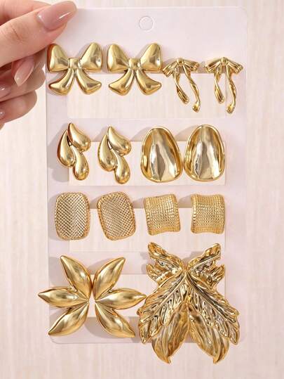 1/8 Pairs Gold Stud Earrings Bow, Water Drop, Square, Left And Right Gold Earring Set, Daily Wear, Travel Vacation, Gift Choice
