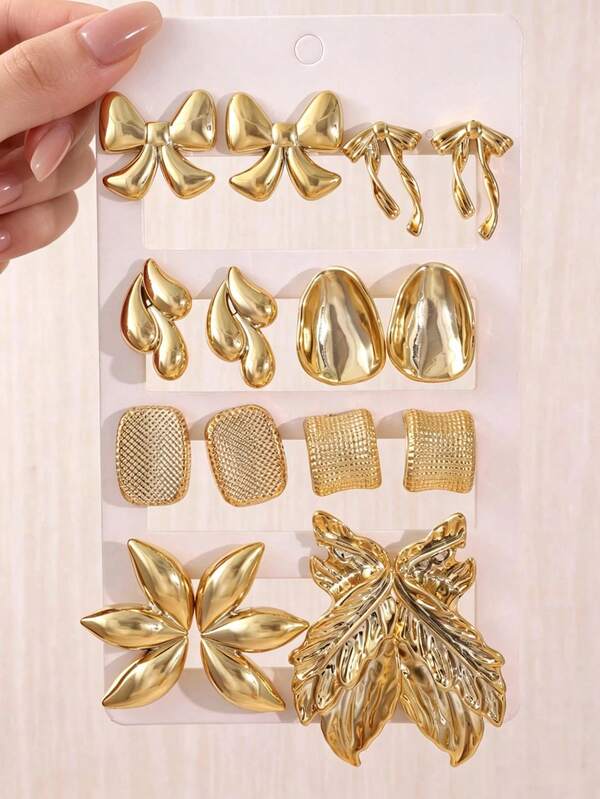 1/8 Pairs Gold Stud Earrings Bow, Water Drop, Square, Left And Right Gold Earring Set, Daily Wear, Travel Vacation, Gift Choice