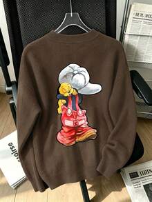 Plus-Size Women's Casual Round Neck Faux Knit Sweater, Cute Cartoon Print, Fashionable And Versatile Women's Top For Autumn And Winter. - Brown - View 3