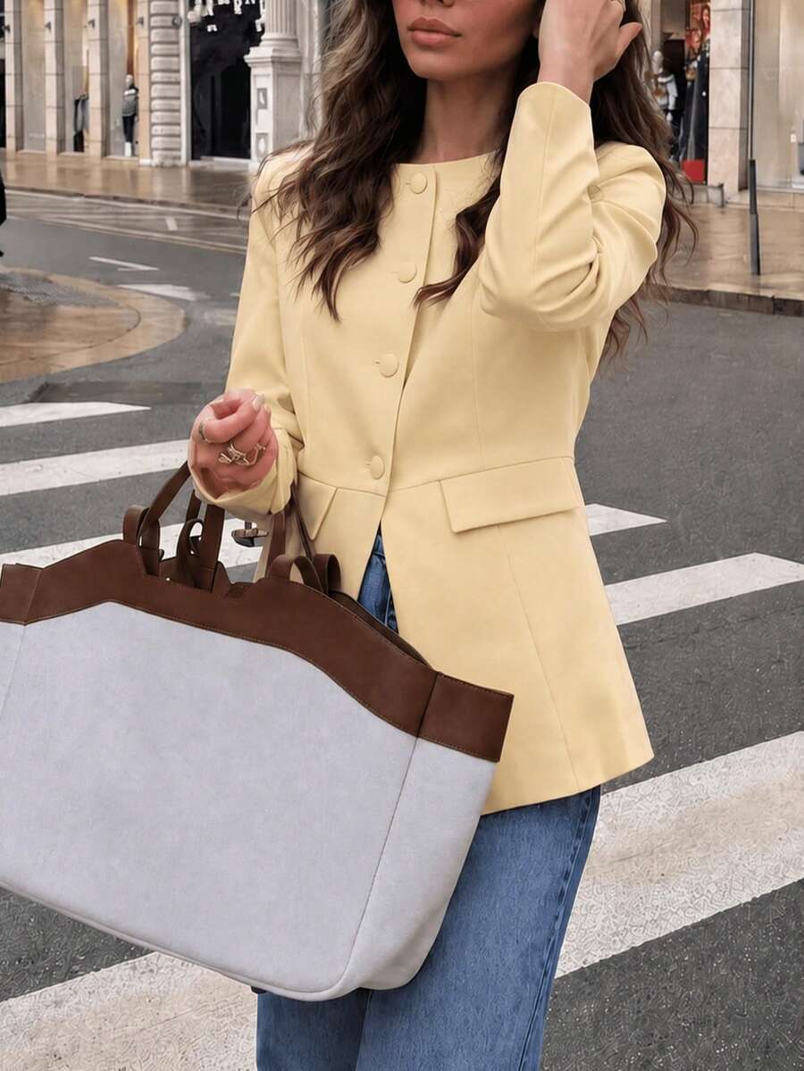 GDDYIN Women's New Elegant Daily Commute Office Round Neck Waist-Cinching Blazer Fall - Yellow - View 1