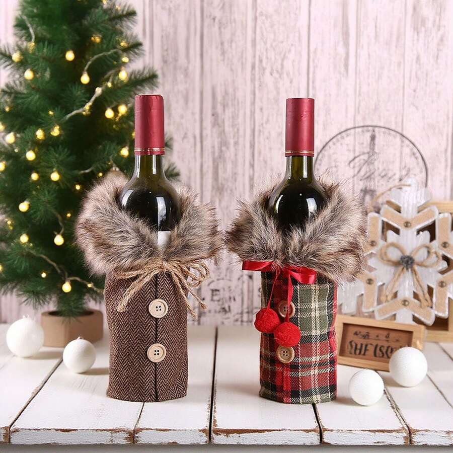 Christmas Wine Bottle Cover With Plush Collar, Red Wine Bottle Sleeve, Suitable For 2026, Fall Kitchen Decor, Holiday Decoration - View 1