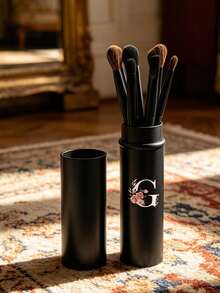 5pcs Portable Long Handle Eye Makeup Brush Set With Cylindrical Dust-Proof Storage Tube, Includes Detail Brush, Black Long Handle Eyeshadow Blending Brush, Angled Brow Brush And Fine Eyeliner Brush, Covering Eyeshadow Blending, Brow Filling And Precise Eyeliner Drawing Functions - Multicolor - View 8