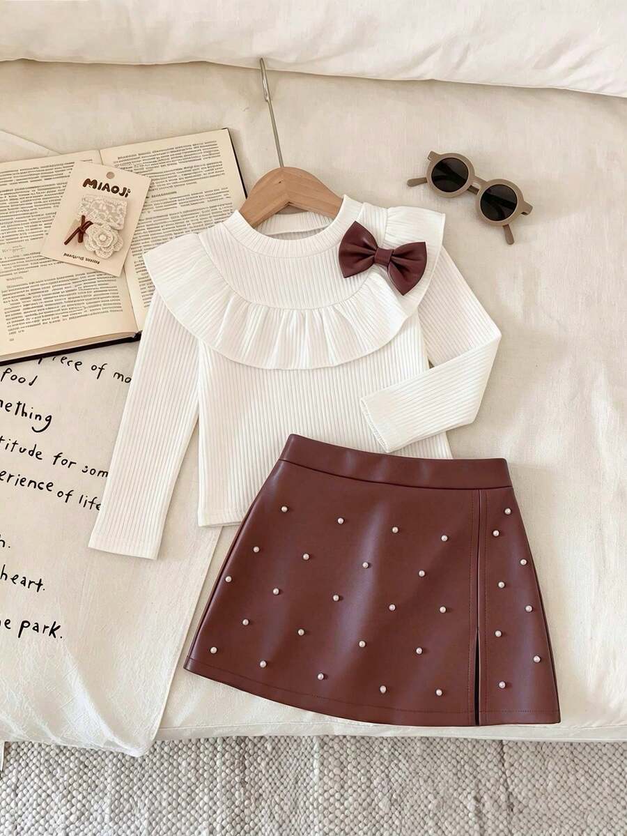 Young Girls' Fashion Cute 3D Bow Ruffle Trim Top And Stylish Studded PU Skort Set - White - View 1