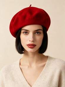 1 buah Topi Beret Klasik Modis Warna Polos Hangat, Topi Pelukis Minimalis - Merah - View 3