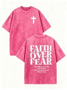Psalm 118:6 Faith Over Fear Shirt Pink Cross Graphic Vintage Wash Christian Streetwear Church Outfit, Women Washed T-Shirt,Vacation Outfits Women - 粉色 - 查看 1