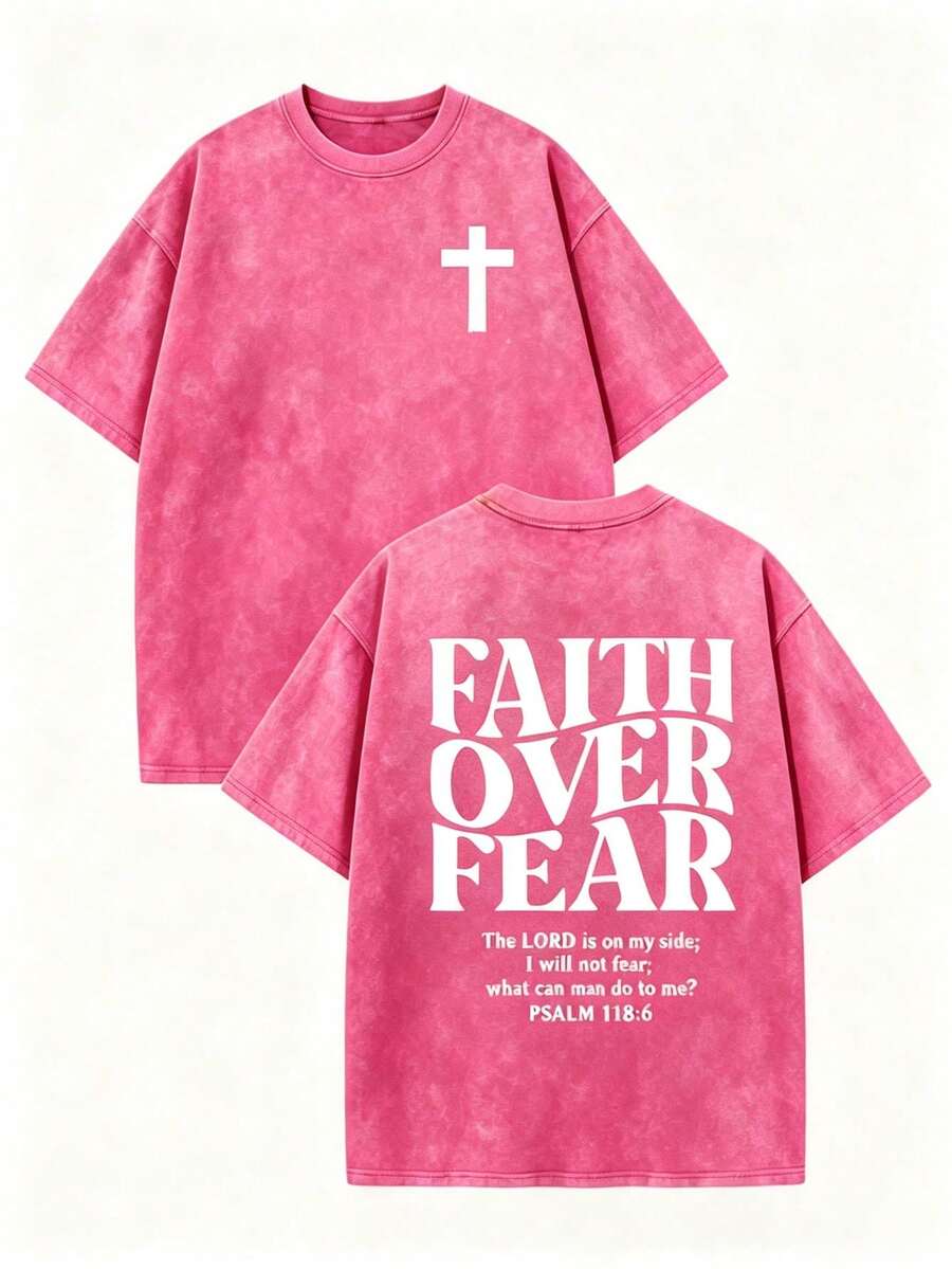 Psalm 118:6 Faith Over Fear Shirt Pink Cross Graphic Vintage Wash Christian Streetwear Church Outfit, Women Washed T-Shirt,Vacation Outfits Women - 粉色 - 查看 1