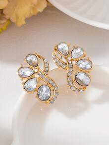 1 par de pendientes de botón de plástico con strass en forma de gota de agua, creativos, elegantes y versátiles para mujer, adecuados para uso diario y fiestas, regalo para mujer - Blanco - Ver 2
