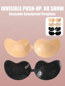 2pcs Seamless Invisible Lift Bra, Women's Backless Strapless Bra, Seamless Self-Adhesive Silicone Nipple Covers, Suitable For Wedding Dresses, Skin Color And Black, Suitable For All Seasons, For Her - Multicolor - View 2