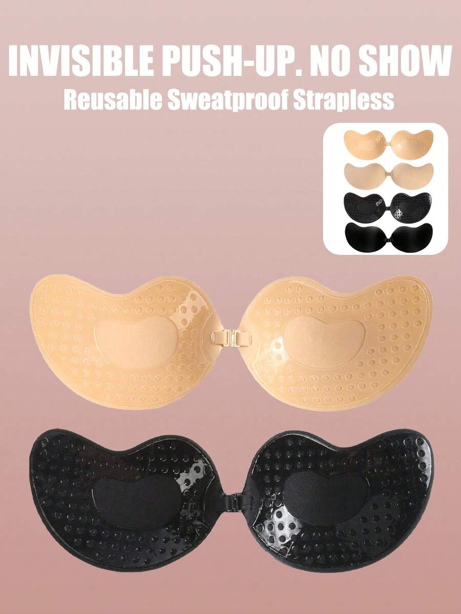 2pcs Seamless Invisible Lift Bra, Women's Backless Strapless Bra, Seamless Self-Adhesive Silicone Nipple Covers, Suitable For Wedding Dresses, Skin Color And Black, Suitable For All Seasons, For Her
