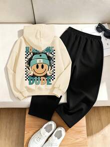 2pcs/Set Big Boys Hooded Sweatshirt Set, Face & Letter Print, Paired With Simple Casual Wide Leg Pants, Autumn/Winter Fashion Outfit - Apricot - View 1