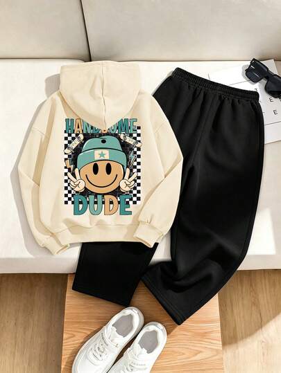 2pcs/Set Big Boys Hooded Sweatshirt Set, Face & Letter Print, Paired With Simple Casual Wide Leg Pants, Autumn/Winter Fashion Outfit