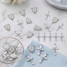 30pcs/15set Golden,Silvery Enamel Crucifix Cross Charms And Virgin Mary Rhinestone Connector Charms For Rosary Jewelry Making - White Oil-dripping - View 3