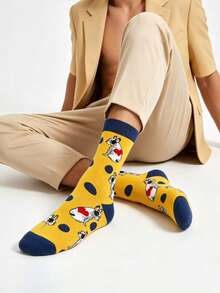 1/5 Pairs Back To School Cartoon Jacquard Mid-Calf Socks, Unisex French Bulldog Rabbit Penguin Fun Pattern Casual Long Socks, Autumn - Multicolor - View 4