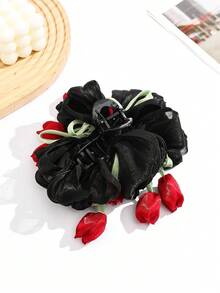 1件時尚波希米亞風大朵鬱金香花朵蝴蝶結流蘇泡泡髮夾，適合女性日常配戴 - 彩色 - 查看 7