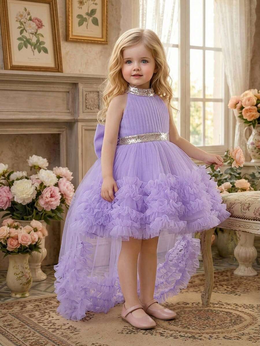 Gaun Bayi Perempuan Model Halter Neck dengan Payet dan Jala di Bagian Belakang, Dilengkapi Pita, Gaun Pengantin Anak Perempuan yang Lucu, Bando Tidak Termasuk - Mauve Purple - View 1