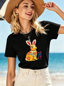 Women's Summer Floral Bunny Print T-Shirt, Crew Neck, Loose Fit, Casual, Comfortable, Unique Graphic Print - Black - View 1