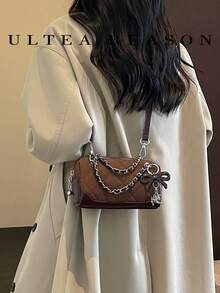 1pc Solid Color Suede New Women's Bag, Shoulder Bag, Crossbody Bag, Fashion Quilted Chain Square Handbag, Suitable For Commuting, Shopping, Dating - Coffee - View 4