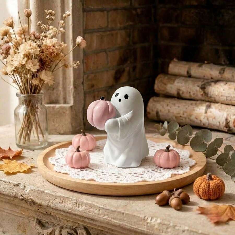 1pc Cute Halloween Ghost Resin Figurine, Holding Pink Pumpkin And Bat Statue Design, Mini Spooky Desktop Decor, Suitable For Multi-Layer Tray, Autumn Home Shelf Room Decoration. Halloween Essential Gift. Halloween Decor / Halloween / Halloween Home Decor - one-size - View 1