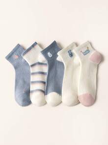 5 Paar Damen 100% Baumwolle atmungsaktive Mesh Kurzsocken, Cartoon Kaninchen Buchstaben & Herz Muster Streifen, Macaron Farbe Sommer dünne lässige Alltagssocken - Verschiedenfarbig - Übersicht 5
