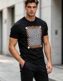 OpticalIllusionCheckerboardPrintedBlackAndWhiteCheckeredWithUniqueGeometricPatternCasualClothingSoftDesignerrelTop - 黑色 - 查看 1