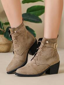 Women's Vintage Chunky Heel Western Ankle Boots, Faux Suede Lace-Up Pointed Toe Cowboy Boots, Fashion Outdoor Casual Ankle Boots - Camel - View 3
