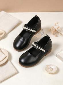 Girls' Pearl Decor Mary Jane Flat Shoes, Soft Faux Leather Non-Slip Cowhide Sole Dress Shoes, Suitable For Toddlers And Young Children, School, Party, Daily Wear - Black - View 2