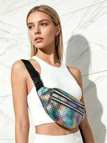 New Fashion Fish Scale Colorful Women's Waist Bag/Crossbody Bag/Chest Bag, New Waist Bag, One Shoulder Crossbody Bag, Fashion Chest Bag, Unisex, Suitable For Travel, Beach, Seaside, Cycling, Hiking, Outdoor Activities, Sports, Fitness, Travel Bag, Women's Essential Travel Waist Bag, Running, Hiking Waist Bag, Mother's Day Gift, Holiday Gift - Multicolor - View 3