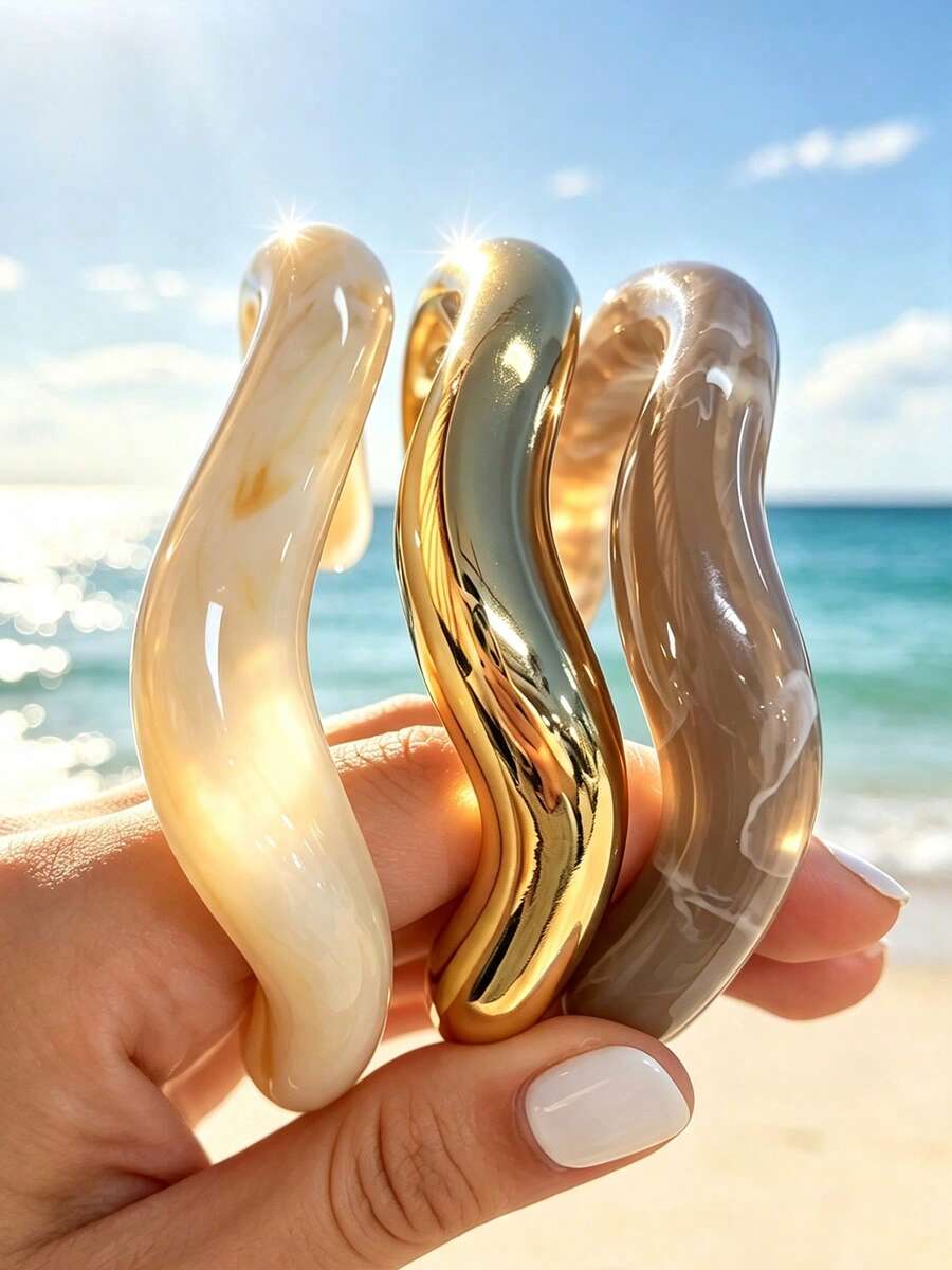 3/1pc Vintage Minimalist Casual Style Women's Wave-Shaped Acrylic And CCB Material Open Bangle Set In Coffee And Beige, Suitable For Women's Beach Vacation, Date, Holiday Gift, Daily Wear, Stackable - Multicolor - View 1