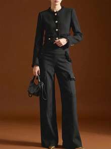 Women's Black Non-Stretch Polyester Wide Leg Pants With Utility Pocket Details - Black - View 1