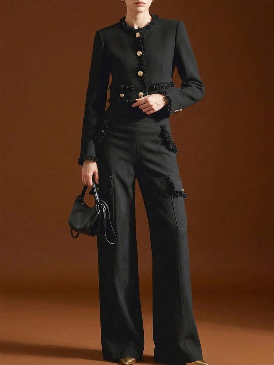 Women's Black Non-Stretch Polyester Wide Leg Pants With Utility Pocket Details - Black - View 1