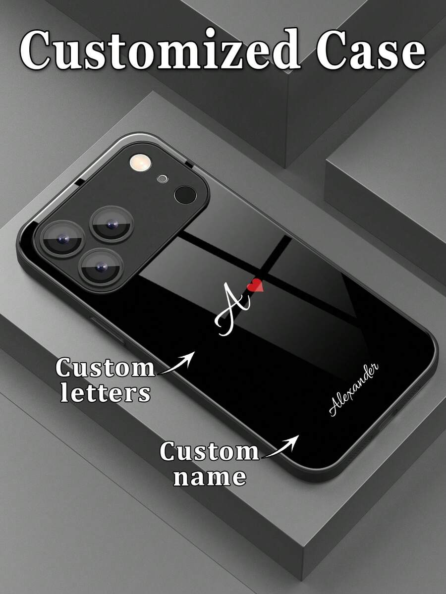1pc Customized Initial DIY Name, Ins Style Multi-Color Small Heart Pattern Liquid TPU Full Edge + Tempered Glass Material Shockproof Scratch-Resistant Phone Case Compatible With Apple Duo/18ProMax/17ProMax/16Pro/15/14Plus/13Pro/12ProMax/11/XsMax/8/7/6Plus And S26Ultra/S25Plus/S24 & A Series & / Phone Accessories - Black - View 1