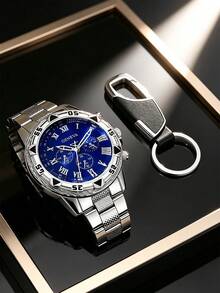 4pcs Men's Watch Set: Pen, Embossed Watch, Keychain, Stainless Steel Material, Business Fashion, Gift, Daily Wear - Silver - View 4