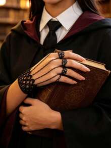 Gothic Black Lace Hand Chain Bracelet With Finger Rings Bracelet Vintage Punk Cosplay Party Hand Jewelry For Women - Black - View 1