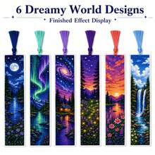 Romantic Starry Sky Forest Cross Stitch Bookmark 6pcs Set Full Material Kit 11CT Twilight Wilderness Galaxy Aurora Mountain Watermark Floral Artistic Handmade DIY Tassel Reading Decoration Creative Gift - Multicolor - View 5