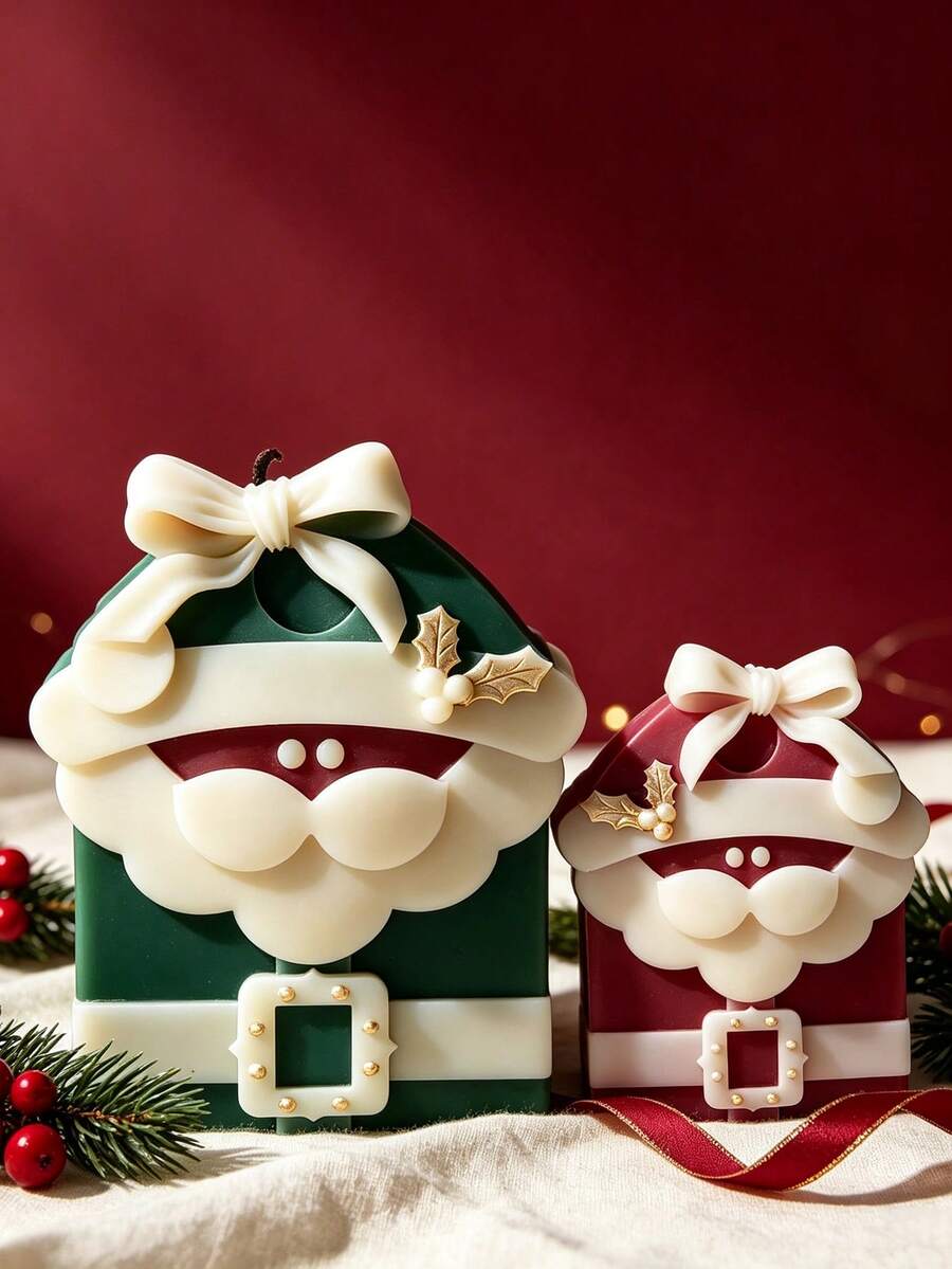 2 Sizes Santa Claus Gift Box Silicone Candle Mold, Bow-Knot Christmas Gift Box Shape With Santa Beard And Holly Berry Embossed Design, Soft Silicone Easy Release, Suitable For Soy Wax, Aromatic Plaster, Handmade Soap DIY - Santa Claus - View 1