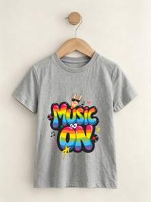 3pcs Grey Kids Short Sleeve Tees DTG Rainbow Music Hand Guazi Pet Corgi Cute Red Panda Cartoon Letter Print Soft Casual Tops - Gray + Gray + Gray - View 4