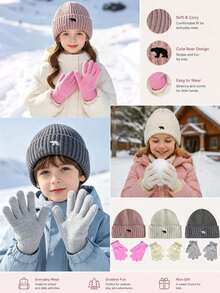 3pcs Autumn/Winter New Polar Bear Distressed Knit Hat & Gloves Set, Oversized Knit Beanie With Ear Flaps For Boy & Girls, Outdoor Outfit - Multicolor - View 4
