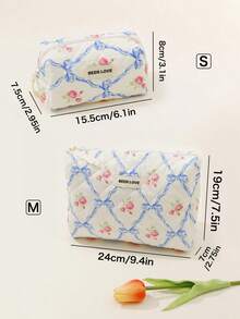 Sweet Pink Rose Blue Bow Lattice Pattern Quilted Cosmetic Bag, Portable Handheld Large Capacity Travel Makeup Organizer, Fashion Zipper Toiletry Storage Bag For Daily Trip Vacation - Multicolor - View 14