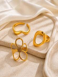 Vintage 3D Hollow 5-Petal Flower Asymmetrical Wavy Plain Ring Set, Minimalist Premium Stackable Versatile Accessory - Gold - View 2