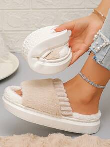 Plus Size 36-43 Women's Solid Color Casual Fairy Style Fuzzy Lined Soft Flat Half-Slip-On House Shoes, Thick Fleece Warm Indoor Slippers For Winter, Multiple Colors Available - Beige - View 2