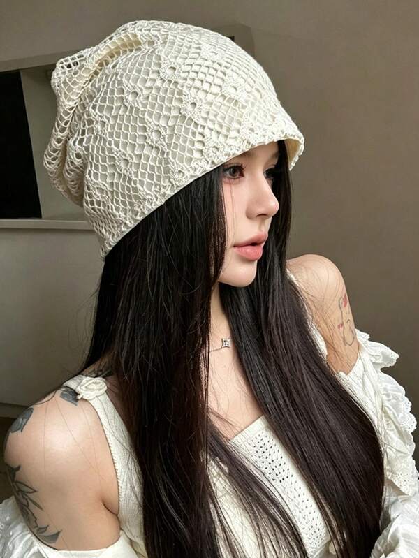 1pc Women's Hollow Knit Hat, Autumn/Winter Accessory, Face-Flattering Beanie, Solid Color Loose Brimless Hat, Soft Skin-Friendly Knit, Suitable For Daily Wear And Matching