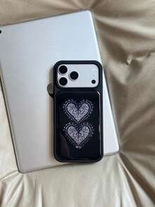 1pc Black & White Lace Double Heart Pattern Glossy Large Window Shockproof Soft Shell Full Camera Protection Couple Style Optional No Lanyard Accessory Phone Case Compatible With All Apple Models Korean Minimalist Sexy INS Gentle Style - Black - View 2