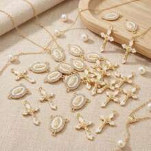 30pcs/15set Golden,Silvery Enamel Crucifix Cross Charms And Virgin Mary Rhinestone Connector Charms For Rosary Jewelry Making - White Oil-dripping - View 4