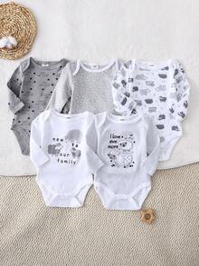 DILAVEL 5PCS Autumn And Winter New Baby Long Sleeved Bodysuit Suitable For Babies, Cute Cartoon Elephant Embroidery Pattern, Cotton Soft And Skin Friendly Fit - Dusty Purple - View 2