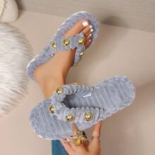 Autumn/Winter Warm Plush Toe-Split Slippers With Rivet Decor, Flip-Flops, Soft Sole, Indoor/Outdoor Dual-Use For Women - Grey - View 11