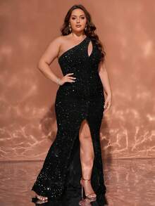 Women's Plus Size Sequin Long Asymmetrical Neckline Cutout Sexy High Slit Design Extra Long Party Evening Gown - Black - View 2
