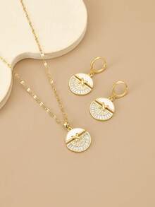 1pc Fashion Luxury Circular Patchwork Design Stainless Steel Women's Necklace, 1 Pair Fashion Luxury Circular Patchwork Design Stainless Steel Women's Earrings, Gold Necklace, Gold Earrings, Stainless Steel Jewelry, Gold Jewelry, Summer, Beach, Vacation Jewelry, Bohemian, Charm, Pride, Western Jewelry, Gift For Women, Gift, Birthday Gift - Yellow Gold - View 3