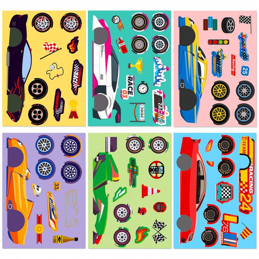6pcs Racing Sports Car DIY Build Stickers, Cartoon Race Car Collage Stickers, Creative Handmade Gift For Boys, Quiet Book Craft Supply - Multicolor - View 1