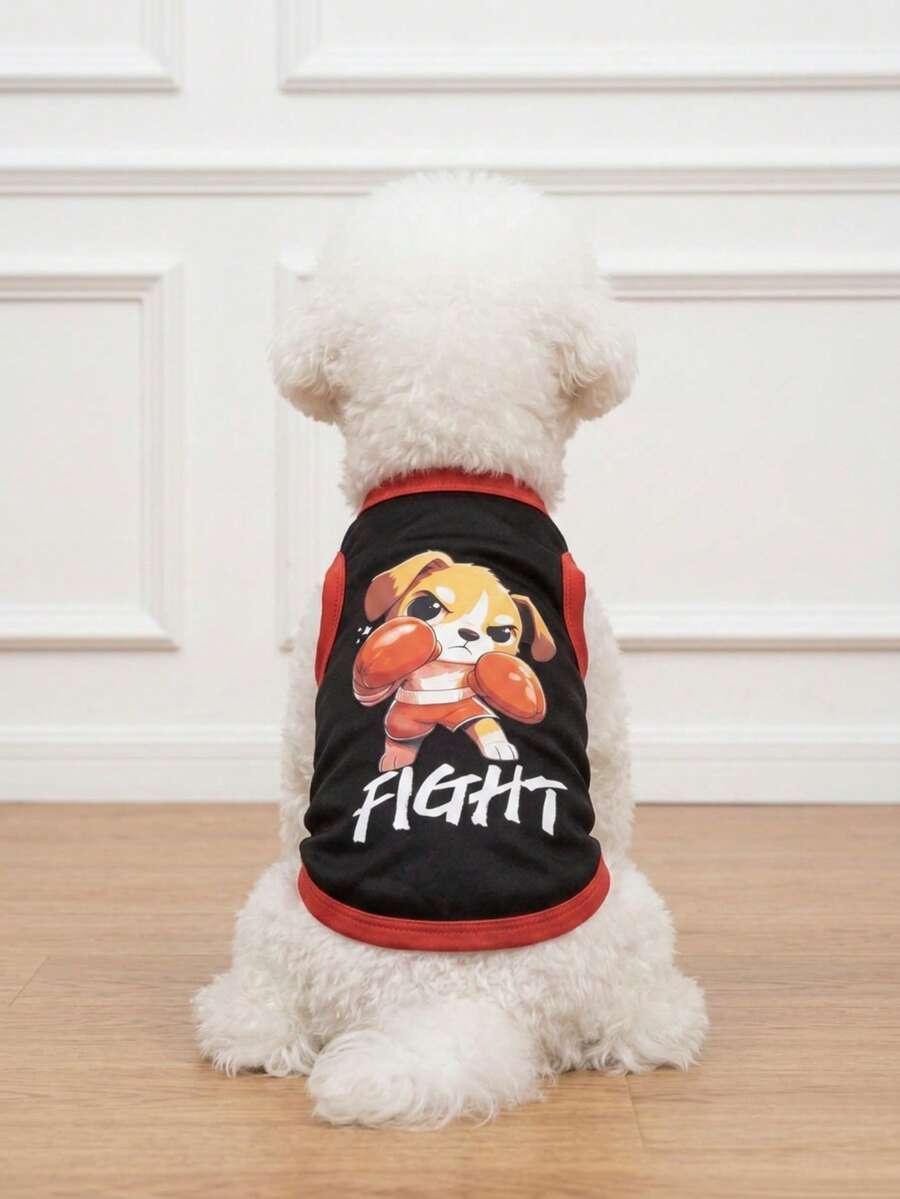 LUCKIE LABO 1pc Dog Boxing Theme Printed Breathable Cooling Vest, Flea & Shedding Control, For Indoor/Outdoor Pets - Black - View 1